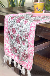 Pink Flower Jaal Hand Block Printed Jute Table Runner